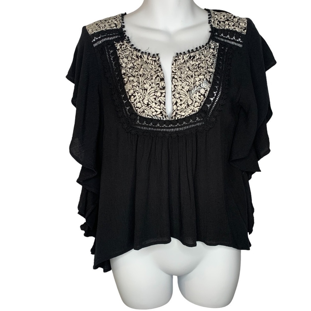 Cleobella Black Flutter Sleeve Blouse with White Floral Embroidery Size XS